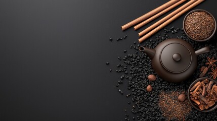 Fototapeta premium Traditional Hojicha Tea Set Designed in 3D with Tea Leaves and Spices on Dark Background