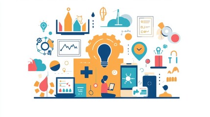 Person Brainstorming Ideas with Charts and Technology Icons