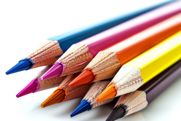 Colorful pencils are arranged closely, their sharpened tips pointing outward. Concept of creativity and art. For education materials
