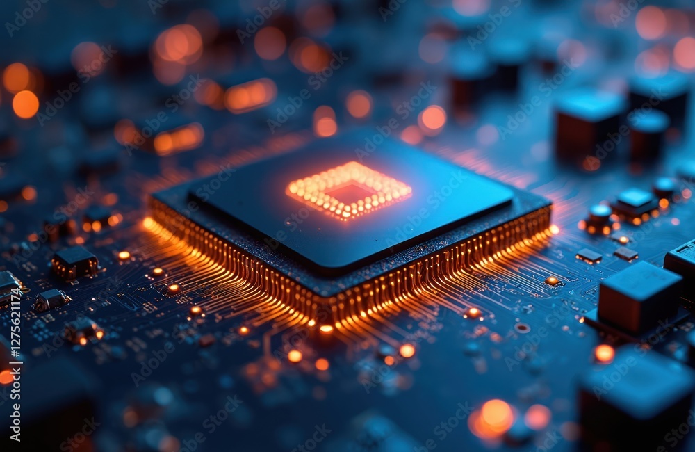 Poster Powerful computer processor chip on motherboard featuring modern technology. Blue background. Advanced microchip detail bright circuit design. Science engineering integrated system component,