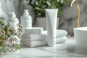 A clean and modern bathroom scene featuring skincare products, soft towels, and lush greenery for a serene ambiance.