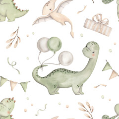 Dinosaurs Birthday Party. Watercolor hand-drawn seamless pattern with little dinosaurs, balloons, flags, gifr and confetti.