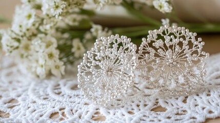 Stylish floral silver earrings delicately arranged on a white lace doily
