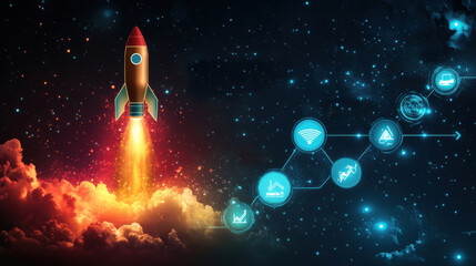 Red Rocket Launching Through Orange Clouds Against a Starry Night Sky with Digital Data Graphics