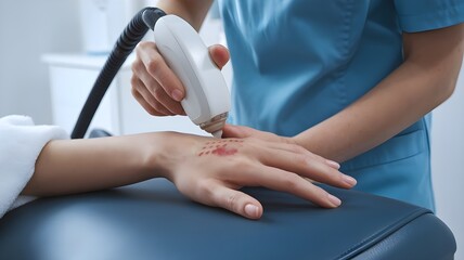Fototapeta premium Close-Up Photo of a Woman's Hand Undergoing Laser Treatment with Red Light and Sparks, Showing Red Marks and Blisters on the Skin in a Sterile Environment.