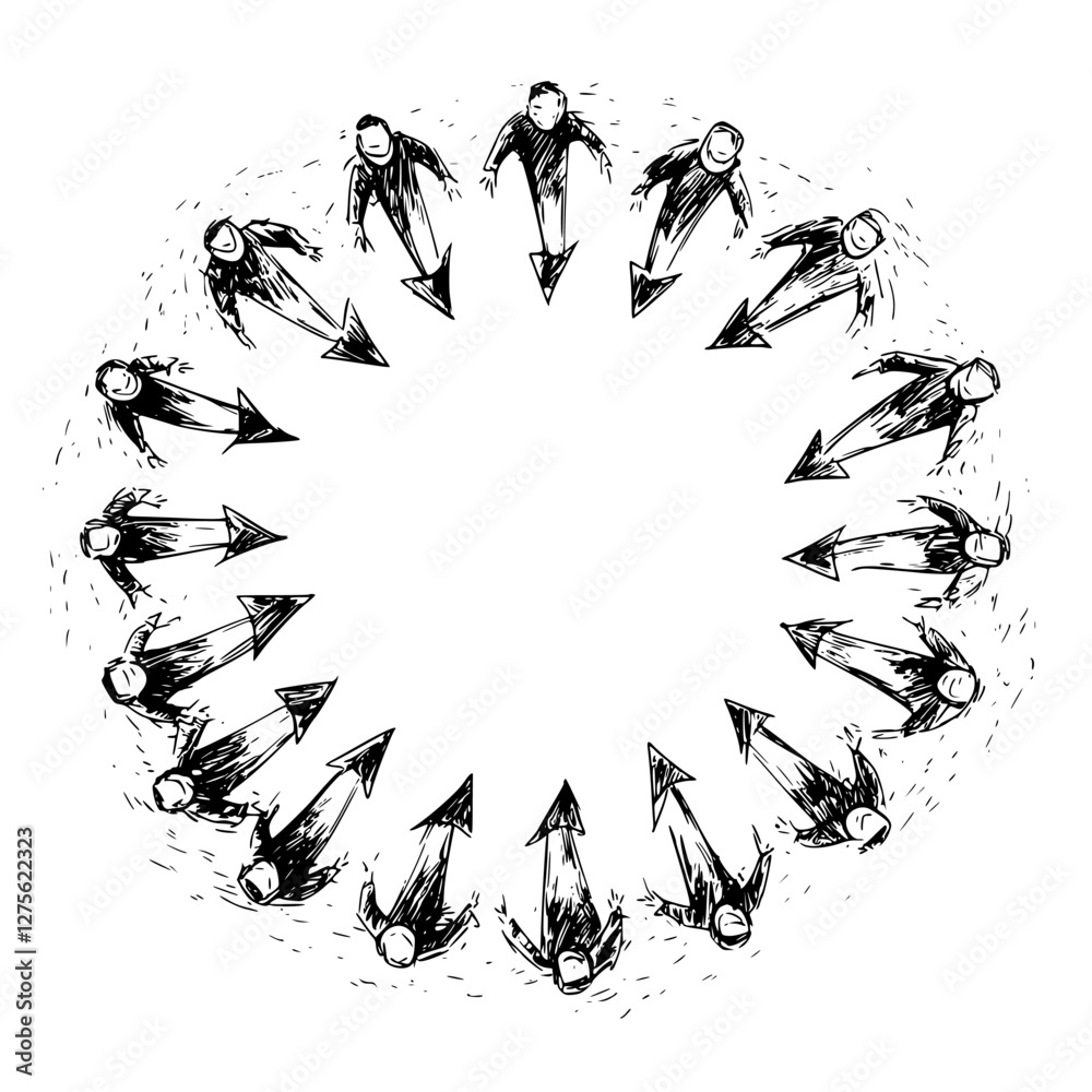 Poster figures moving in a circular pattern with arrows indicating direction and flow in an abstract illust