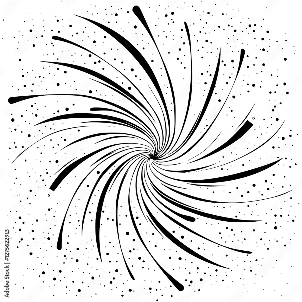 Poster swirling black and white spiral design with dotted background creating a dynamic visual effect