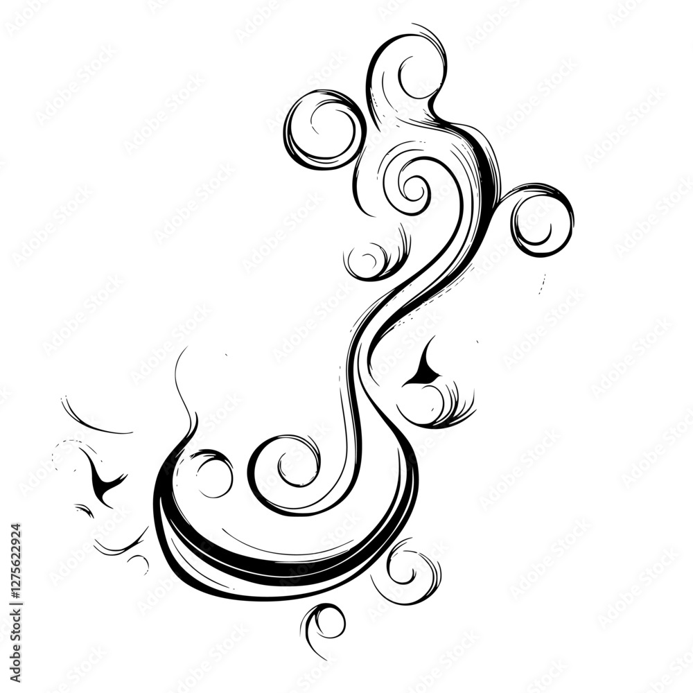 Poster artistic swirls and curls create a dynamic visual flow in a black and white design on a blank canvas