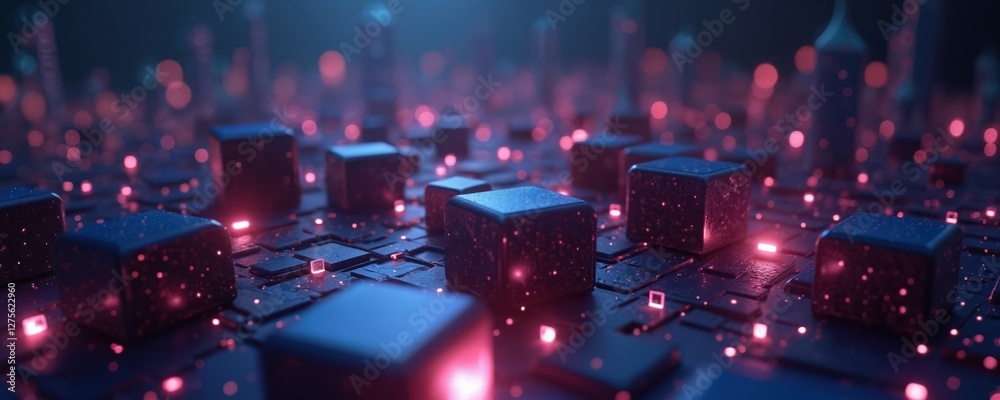 Poster Abstract blue tech cubes, red neon dots. Futuristic cyberspace grid structure, business explore metaverse technology with blockchain network connecting modern datum.