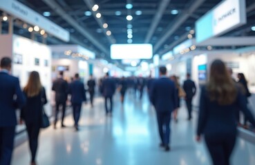 Blurred photo of international business expo event, many elegantly dressed people walking around floor, holding brochures, looking at posters on display tables. Exhibition lifestyle.