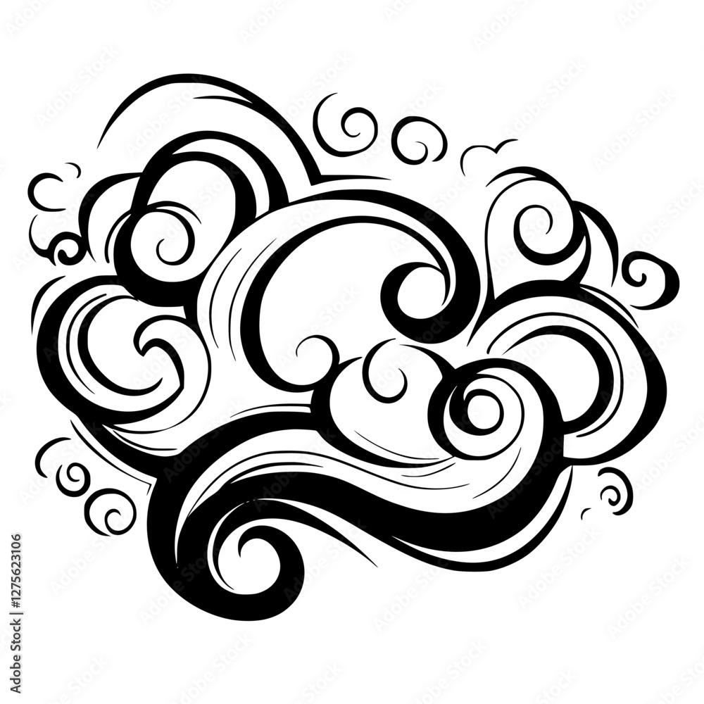 Poster dynamic swirling black clouds with intricate patterns and shapes in a playful design