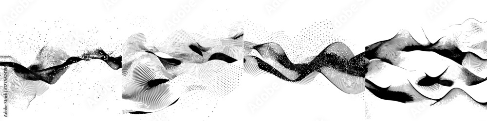 Poster abstract design featuring flowing lines and dynamic patterns in black and white on a light backgroun