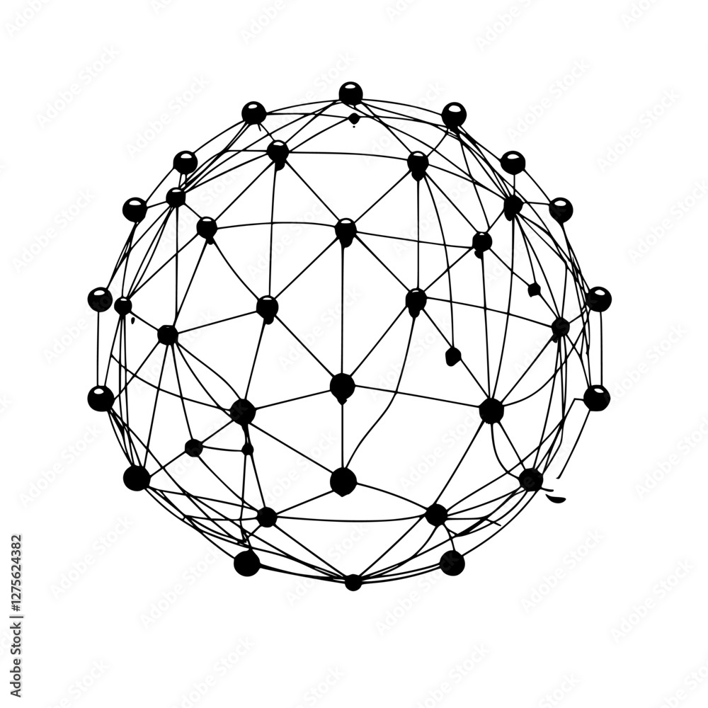Poster network of connected nodes forming a spherical structure in a minimalist design representing technol