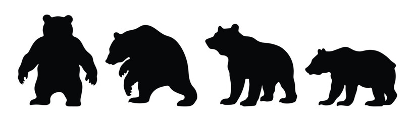 Bear on white background. Collection of bear silhouettes in various forms. Side view and full body for design. Vector illustration.