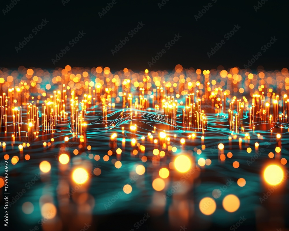 Poster abstract digital network orange and teal glowing lights data visualization
