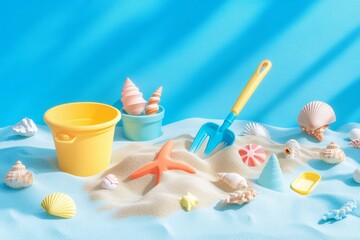 Beach toys, sand, shells, summer, sunlight, 3D render, pastel, vacation, background