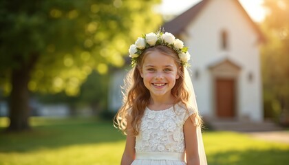 Portrait of pretty girl with first communion dress and flower chaplet on church background. Child smile, has long hair and enjoy a happy childhood in faith.