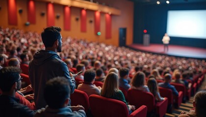 Packed auditorium with audience watching presentation on stage. People attend conference or business convention. Spectators fill seats during lecture or performance in theater venue.