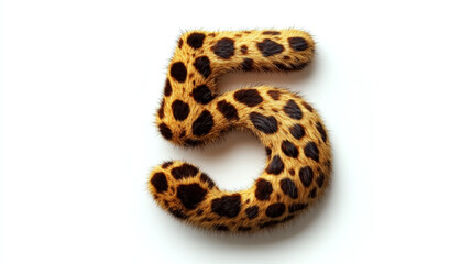 A number five covered in leopard-like fur is centered against a white background. Concept of animal print design and numeric style. For graphic design inspiration