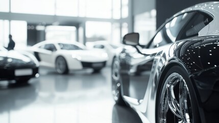 Car dealership featuring a range of vehicles in a clean, modern showroom. Featuring minimalist design elements
