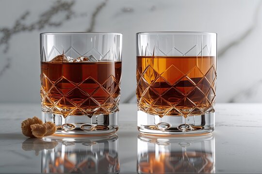 Exquisite Whiskey Glasses Filled with Aged Bourbon Against a Pristine Background for Sophisticated Tastings and Celebrations