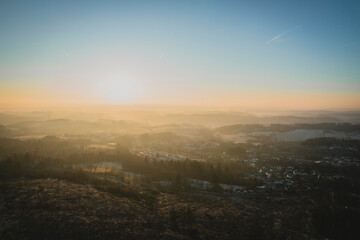 Majestic Sunset Over Mountains – Aerial Panorama