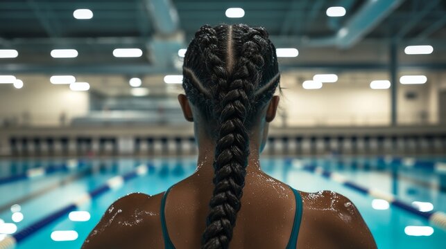 A swimmer stretching shoulders by the poolside before a competition. Featuring focus and strength
