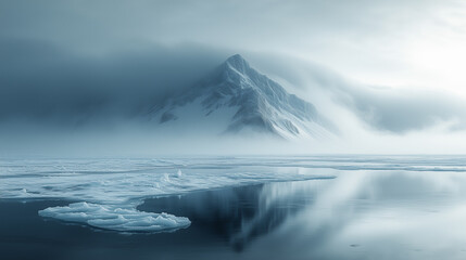 Majestic mountain towering above misty water and ice in a serene, cold landscape. Generative AI