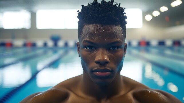 A swimmer stretching shoulders by the poolside before a competition. Featuring focus and strength