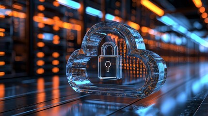 Secure data storage represented by a transparent crystal cloud icon with a padlock in a futuristic data center environment