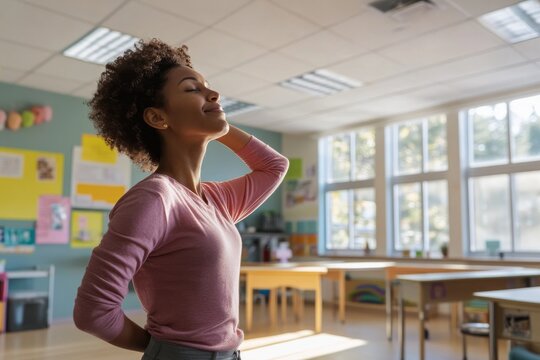 A teacher performing a shoulder stretch in a classroom before starting the day. Featuring readiness and focus