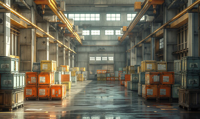 Bright warehouse interior featuring orderly stacked containers