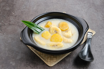 Kolak Pisang Ubi, made from banana, sweet potato, coconut milk, sugar and pandanus leaves. Indonesian traditional food 

