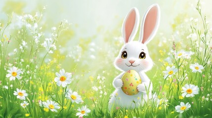 Fototapeta premium Adorable bunny holding easter egg in a flower field. Easter, Pascha, Paskha, Ostern, Pascua, Paques - Orthodox and Catholic Holiday celebration