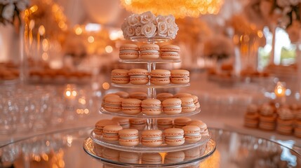 Freshly baked pastel macarons arranged beautifully on a glass display at a stylish event
