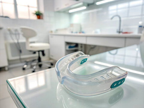 Sleep Apnea Mouth Guard in a dental clinic, oral appliance for snoring and breathing treatment, professional dental care equipment, modern dentistry interior, orthodontic device for better sleep