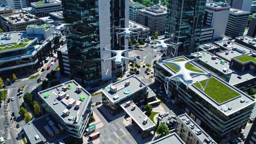 Poster Drones in action above urban buildings showcasing advanced delivery systems