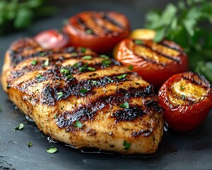Grilled chicken breast with roasted tomatoes and peaches on slate