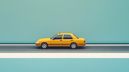 Classic yellow car driving on a minimalistic road, vibrant color contrast against a teal background, playful urban vibe.
