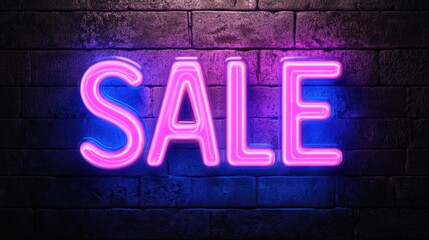 Bright neon sale sign on brick wall with pink and blue lights. Black Friday sale