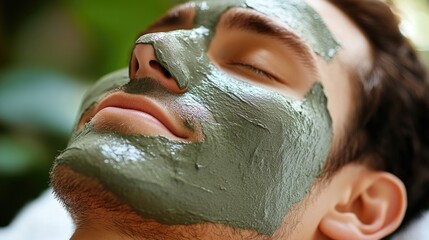 Young caucasian man relaxing with green clay face mask in spa
