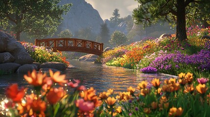 Serene Stream, Blossoming Meadows