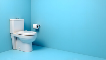 Modern toilet with tissue in the wall isolated blue background 
