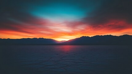 Fototapeta premium Vibrant Sunset Over Silhouetted Mountain Range and Salt Flat