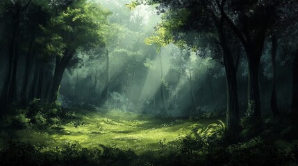 Obraz premium Sunbeams illuminate a lush, green forest path.