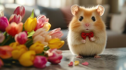 Adorable hamster with red bow tie surrounded by colorful tulips. March 8, International Women's Day. Mother's Day
