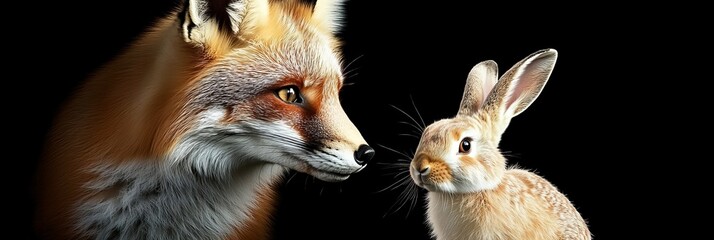 Fototapeta premium Red Fox and Rabbit on a Black Background Classic Wildlife Encounter, Studio Portrait