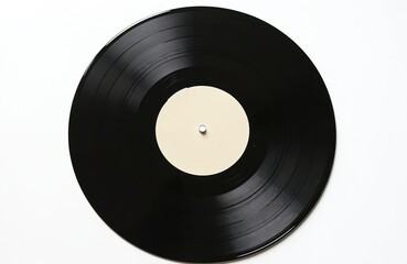 Obraz premium Vintage vinyl record with blank label on white background. Old retro music album. Isolated object. Black disk with empty beige paper label for custom design.
