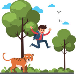 A joyful boy jumping in a lush green forest beside a friendly tiger in flat vector art