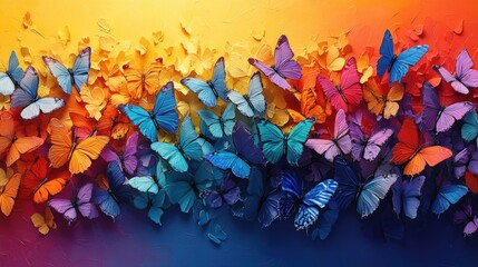 Obraz premium Vivid multicolored butterflies in flight against gradient background